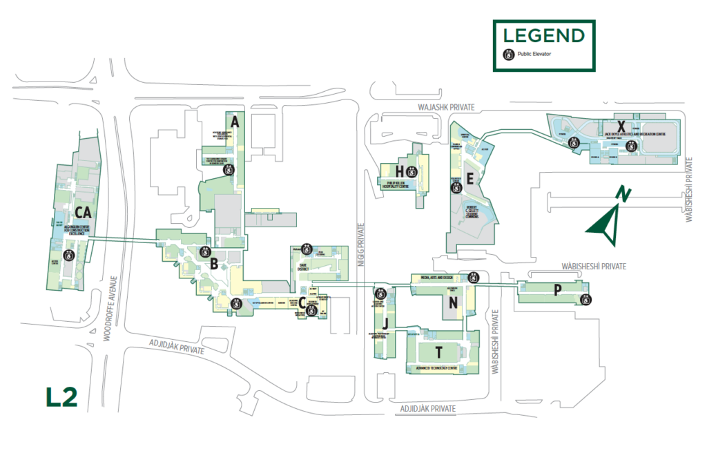 Image of Level 2 Ottawa Campus (Elevators marked with black circle icon featuring white arrows and person using a wheelchair)