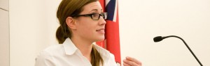 paralegal student at microphone