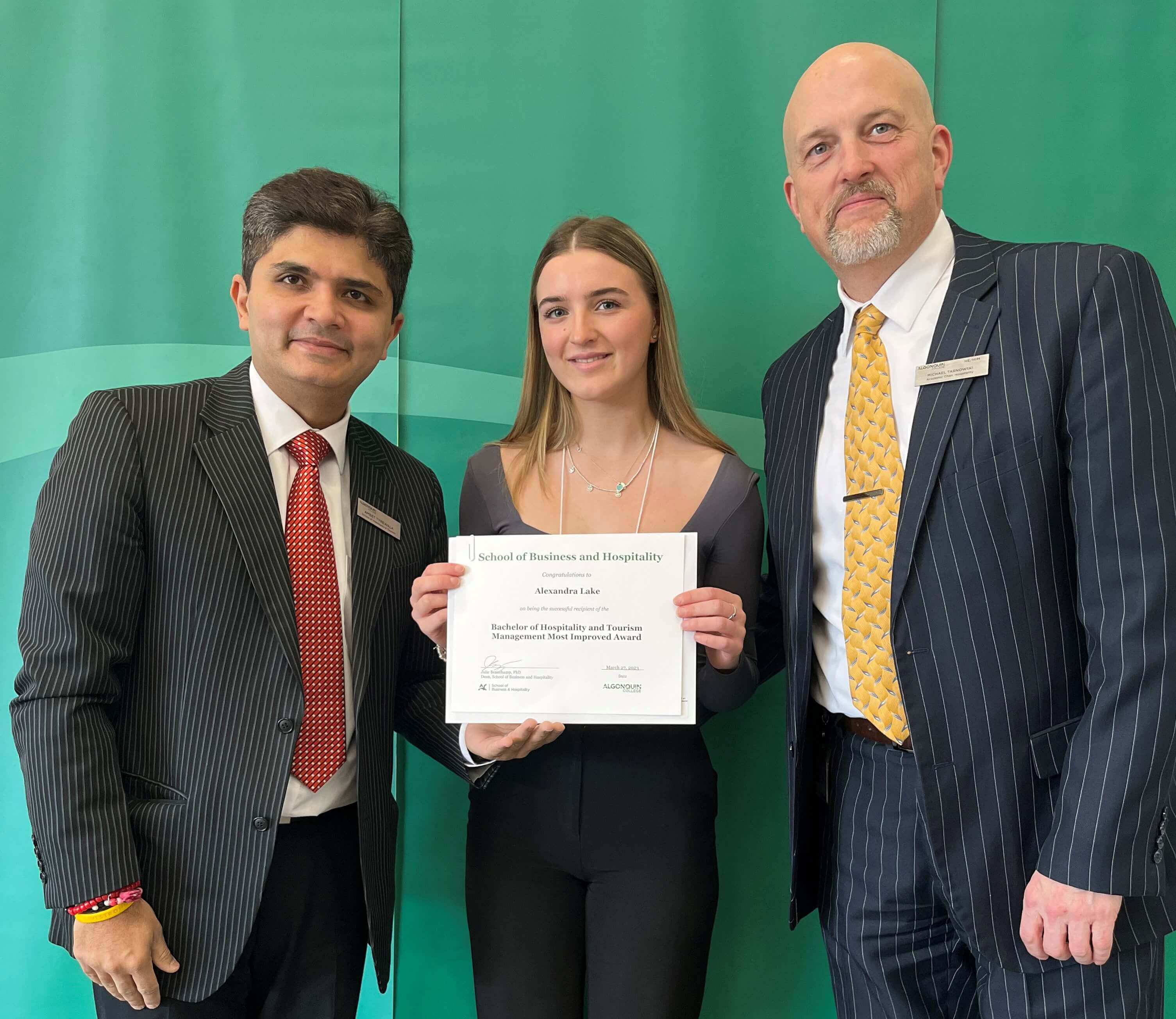 Student Alexandrea Lake, Recipient of Bachelor of Hospitality and Tourism Management Future Hospitality Leader Award, with professors