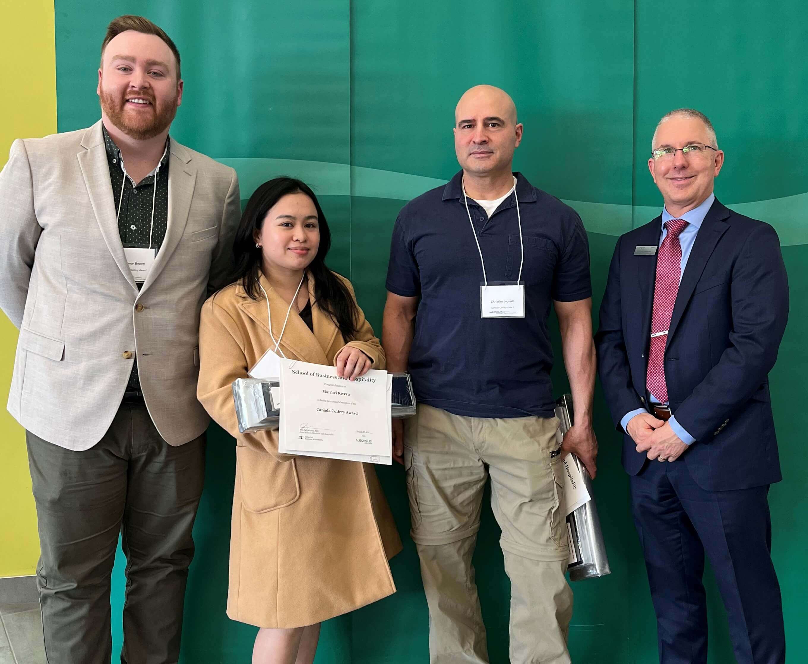 Students Maribel Rivera and Christian Legault, Recipients of the Canada Cutlery Award, with professors