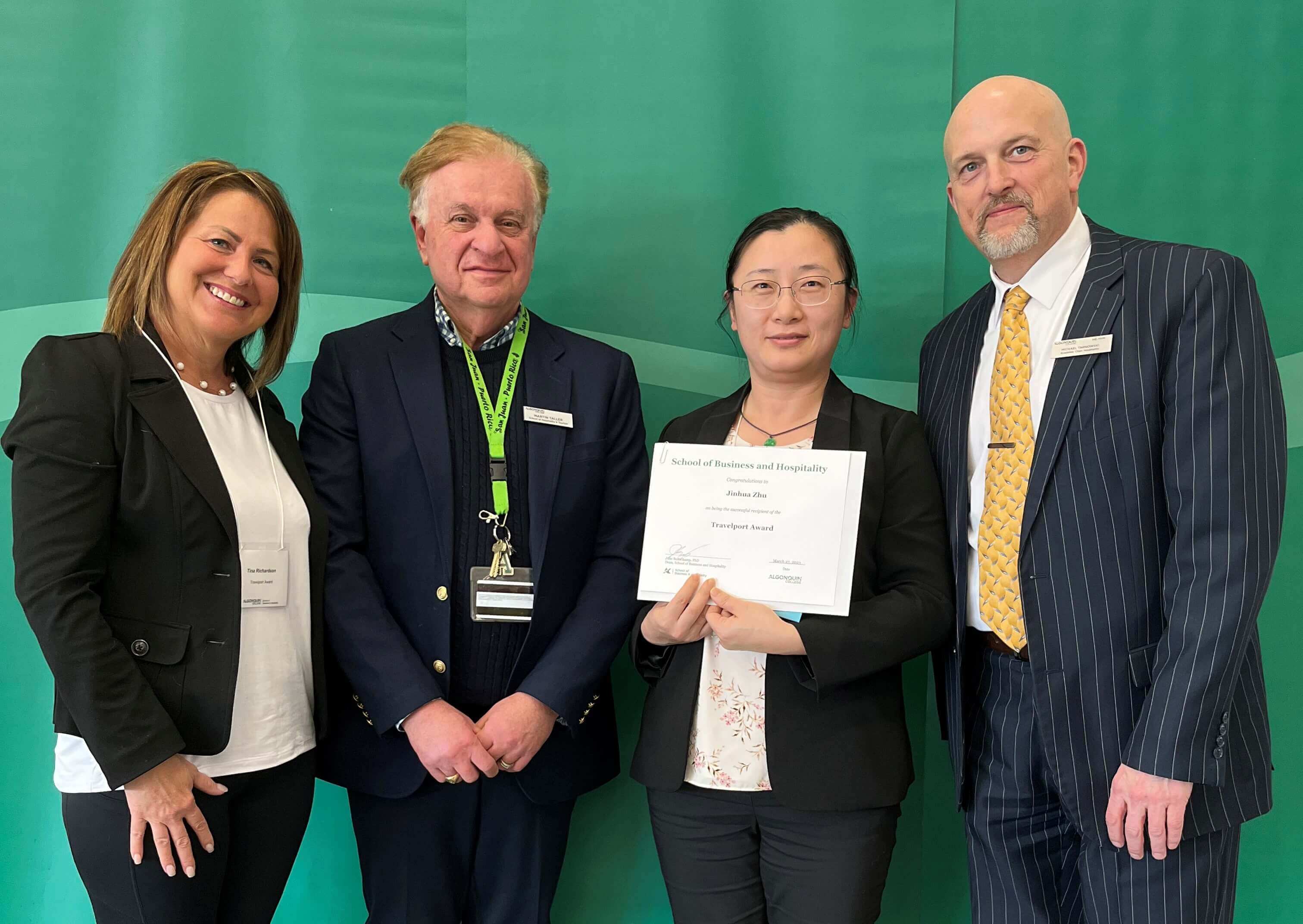 Student Jinhua Zhu, Recipient of the Travelport Award, with professors