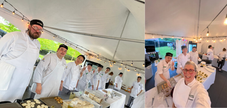 culinary students in white under tent at Prime Minister's residence preparing food with instructo