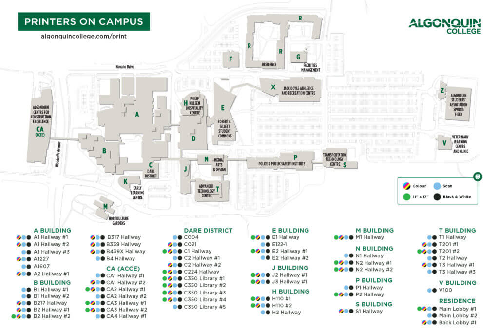 Map of the Ottawa campus showing all the public facing printer locations.