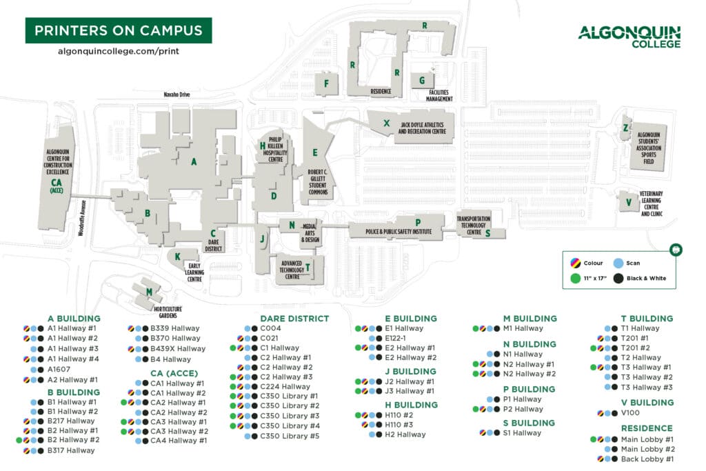 Map of the Ottawa campus showing all the public facing printer locations.