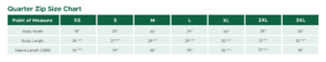 Quarter zip hoodie size chart for XS to 3XL, showing body width, body length, and sleeve length measurements in inches.