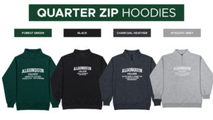 Four Algonquin College quarter zip hoodies in forest green, black, charcoal heather, and athletic grey. Each features white Algonquin College lettering with a customizable program name on the chest.