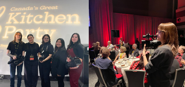 A team of dedicated Algonquin College Television Broadcasting students worked tirelessly filming behind the scenes and editing with quick turn-arounds. Their work was featured on large screens for guests to see. 