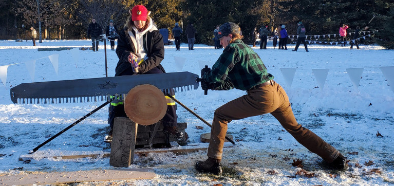 Laura Middlekoop, Loggersports athlete, pictured while competin