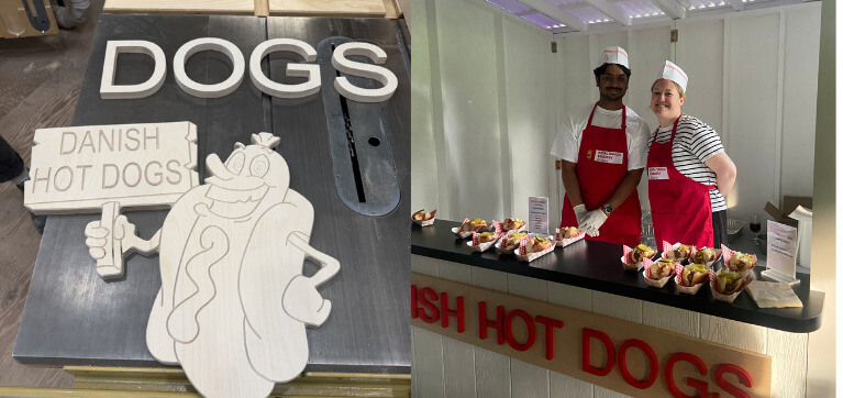 Left: completed CNC-cut signage
Right: Staff serving hotdogs at the Embassy of the Kingdom of Denmark event on June 2.