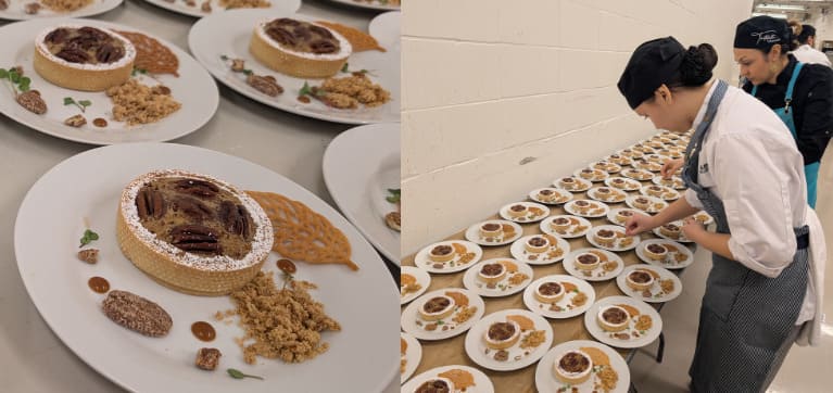 Addison Point adding finishing touches to dessert, alongside chef Sanaz Homa of Tartelette Bakery.