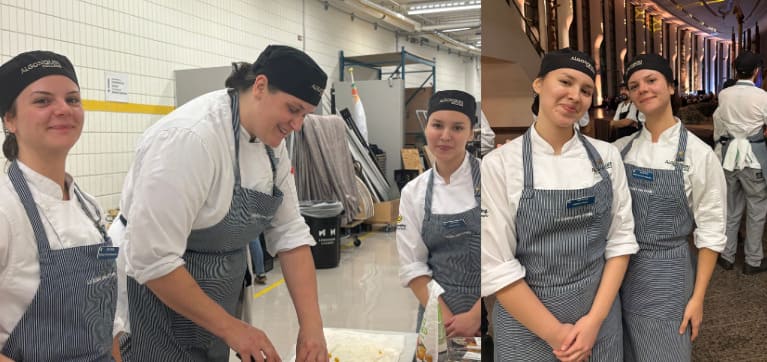 Left: Ashley Ladoucer, Grace Brox and Addison Point assembling dessert. Right: Addison and Ashley pose for a photo at La Grande Tablée event.