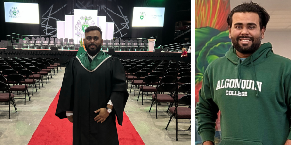 A graduate wearing a black gown with a green and white collar stands on a red carpet in front of a convocation stage. The stage has rows of chairs, a podium, and large screens showing Algonquin College branding. The setting is prepared for a formal graduation ceremony.