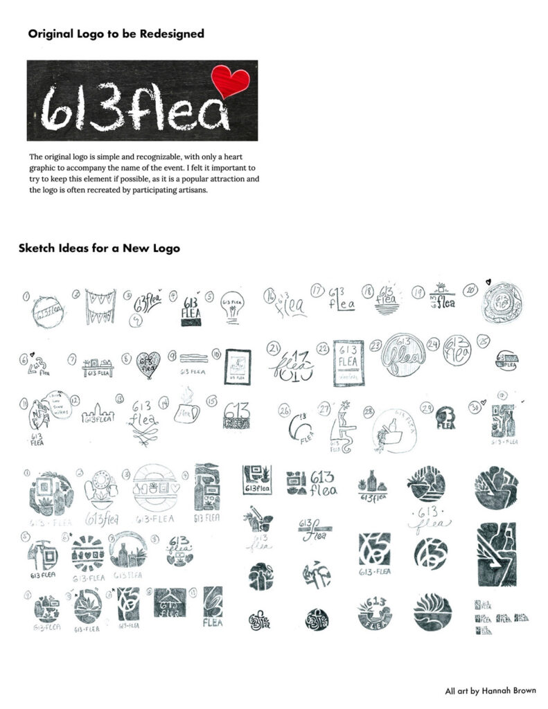 Sample page with numerous images of sketch ideas for a new logo, sketched in black and white, with original logo to be redesigned included