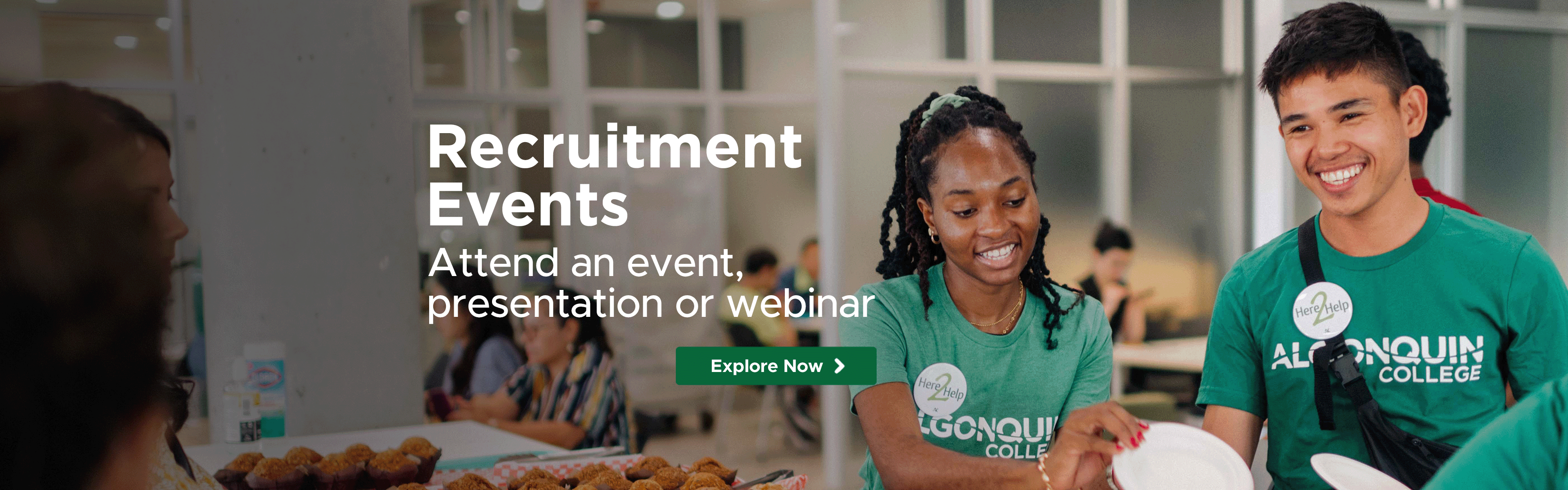 A picture of a male and female Algonquin college student serving breakfast in the AC Hub with an overlay of text inviting people to attend a recruitment event.