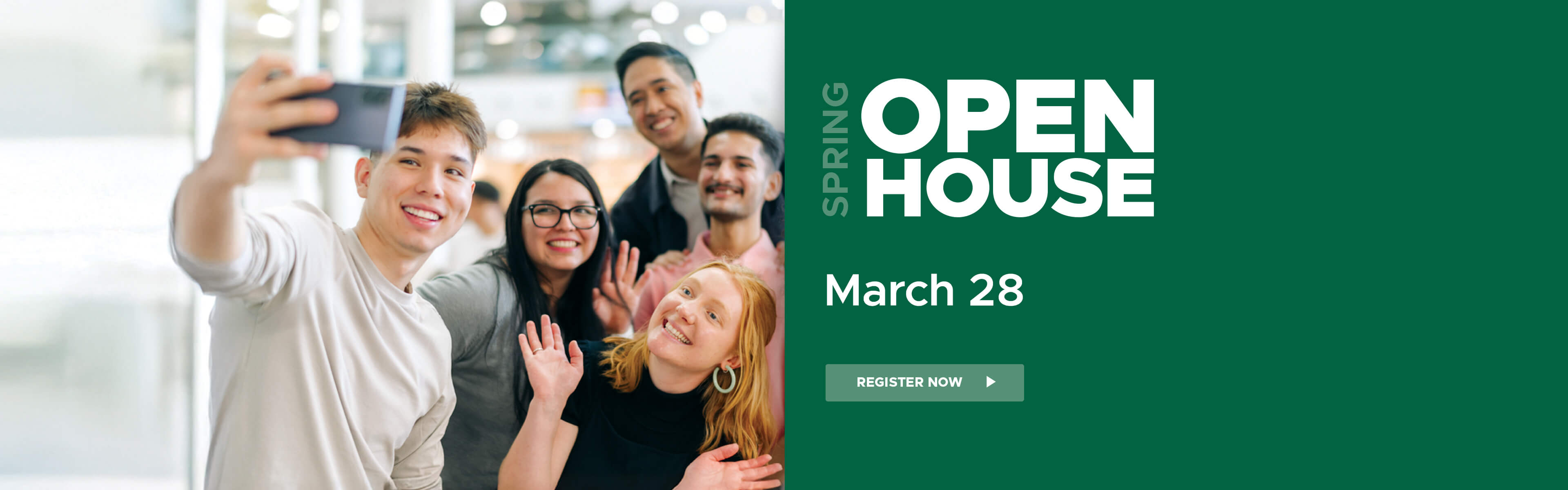 Students taking a selfie at the Algonquin College campus with text promoting an upcoming Spring Open House on March 28.