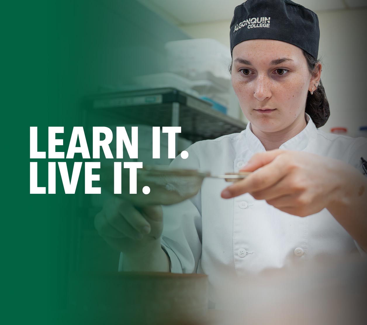 Culinary student in a chef uniform carefully sifting ingredients while working in a professional teaching kitchen.