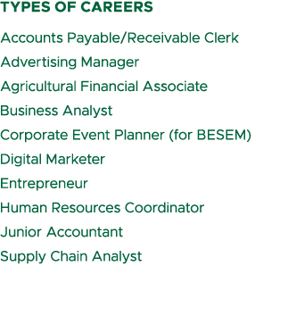 types of careers Accounts Payable/Receivable Clerk Advertising Manager Agricultural Financial Associate Business Anal...