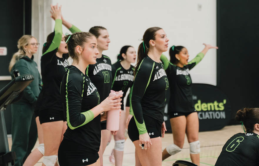 A group of women are standing on a basketball court, wearing black and green uniforms. They are clapping and cheering for their teammates. AI generated content