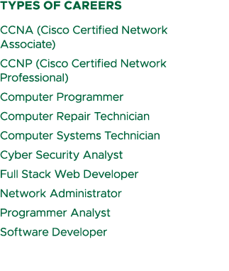 types of careers CCNA (Cisco Certified Network Associate) CCNP (Cisco Certified Network Professional) Computer Progra...