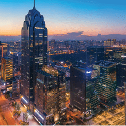 A cityscape at dusk with tall buildings and a large skyscraper. AI generated content