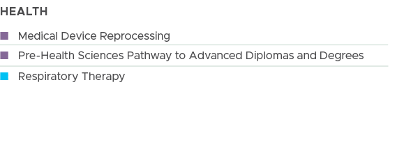 HEALTH,n Medical Device Reprocessing,n Pre Health Sciences Pathway to Advanced Diplomas and Degrees ,n Respiratory Th...