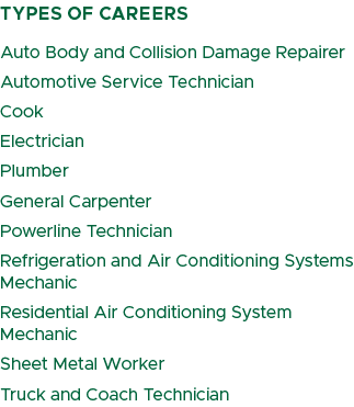 types of careers Auto Body and Collision Damage Repairer Automotive Service Technician Cook Electrician Plumber Gener...