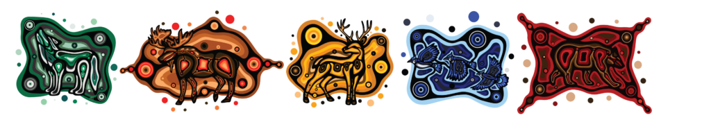 Mural of Màkwa (bear), Mahingan (wolf), Tendesi (blue jay), Mònz (moose) and Wàwàskeshi (deer)