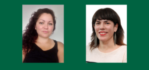 Shelia Grantham (left) and Kerry Potts (right) headshots on a dark green background
