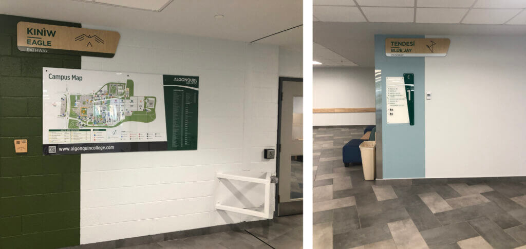 Interior pathway signage of the eagle and blue jay.