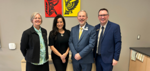 Dean Sarah Hall, Jody Wilson-Raybould, Claude Brule and Jamie Bramburger stand together at the Pembroke Campus
