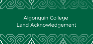 green text with Indigenous art elements