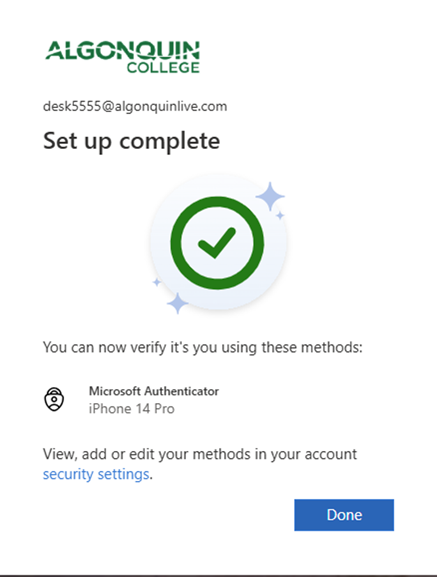 screenshot showing MFA setup complete
