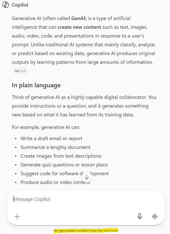 Results for Copilot prompt of What is Generative AI?