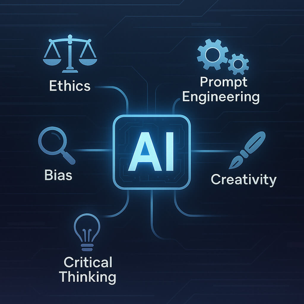 AI in the middle, with Ethics, Prompt Engineering, Bias, Critical Thinking, Creativity surrounding it