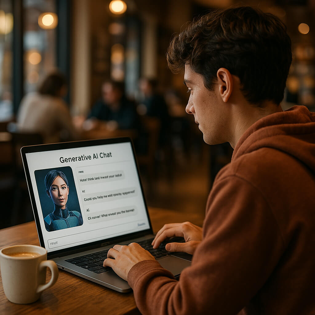 Photorealistic image of a student working in a cozy coffee shop, sitting at a wooden table with a laptop