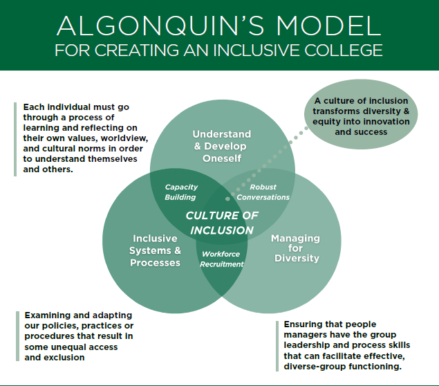 A diagram titled ‘Algonquin’s Model for Creating an Inclusive College’ shows three overlapping circles with the words ‘Understand & Develop Oneself,’ ‘Inclusive Systems & Processes,’ and ‘Managing for Diversity.’ At their intersection is the phrase ‘Culture of Inclusion,’ surrounded by the concepts ‘Capacity Building,’ ‘Workforce Recruitment,’ and ‘Robust Conversations.’ Beside the circles are three text boxes: (1) ‘Each individual must go through a process of learning and reflecting on their own values, worldview, and cultural norms in order to understand themselves and others,’ (2) ‘Examining and adapting our policies, practices or procedures that result in some unequal access and inclusion,’ and (3) ‘Ensuring that people managers have the group leadership and process skills that can facilitate effective, diverse-group functioning.’ An additional bubble states, ‘A culture of inclusion transforms diversity & equity into innovation and success.’