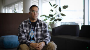 Student sitting down for an interview