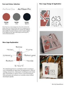 Sample page with font and colour selections, an explanation of the new logo design, and the actual new logo design with application examples