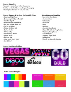 Sample page of poster research and planning, with written details about the poster's objective, poster slogans and sayings for possible titles, disco elements and graphics. Images of poster font sample ideas and poster colour samples are also visually represented.