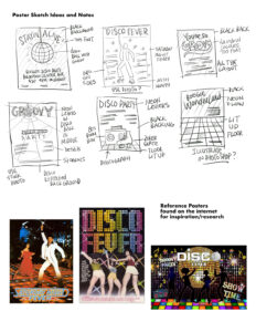 Sample page of poster research and planning, with poster sketch ideas and notes. Images of reference posters are also visually represented showing a dancing scene from Saturday Night Fever, three illustrated dancers with Disco Fever text above, and four illustrated dancer silhouettes with Disco Fever text above and a golden disco ball in the background