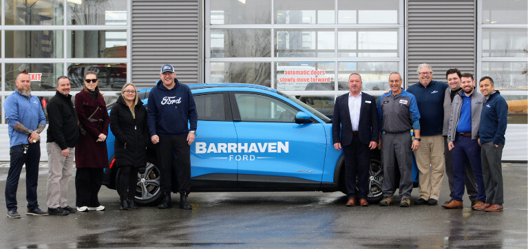 Featured in the photo above, from left to right: David Young (Service Manager, Barrhaven Ford), Jeffery Newson, Katherine Root (Dean, Algonquin Centre for Construction Excellence, Algonquin College), Mistalyn Seguin (Director of Philanthropy, Algonquin College), AC alum “Stuntman Stu” Schwartz (Spokesperson, Barrhaven Ford), Shaun Barr (Chair, Apprenticeship Training, Automotive and Mechanical Trades, Algonquin College), Don Pidgeon (Shop Foreman, Barrhaven Ford), Mark Bonneau (General Manager, Barrhaven Ford), Tyler Stack (EV Specialist, Barrhaven Ford), Anthony Van Volkenburg (EV Sales Product Manager, Barrhaven Ford), and David Dhungana (General Sales Manager, Barrhaven Ford).