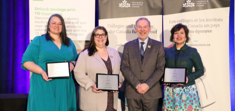 From left to right, Kathleen Ramsay, Algonquin College Public Relations alum,  Silver medal recipient in CICan’s Student Leadership Excellence Award; Sara-Lynne Levine, Communications Officer, Algonquin College; Claude Brulé, President and CEO, Algonquin College, Anita Tenasco, Director, Indigenous Initiatives, Algonquin College. Sara-Lynne and Anita were honoured with a Bronze Award of Excellence by Colleges and Institutes Canada (CICan), recognizing the College’s Kwey Indigenous Language Series