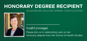Headshot and text of honorary degree recipient Leah Levesque
