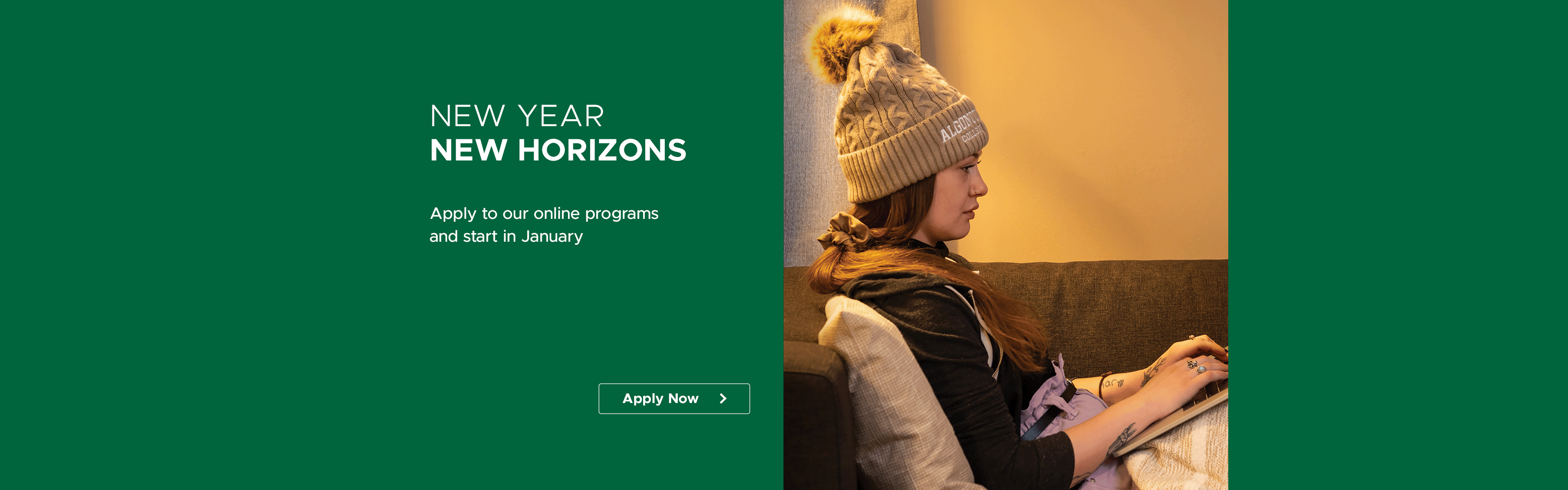 Banner with AC Online student learning online from home in a comfy outfit