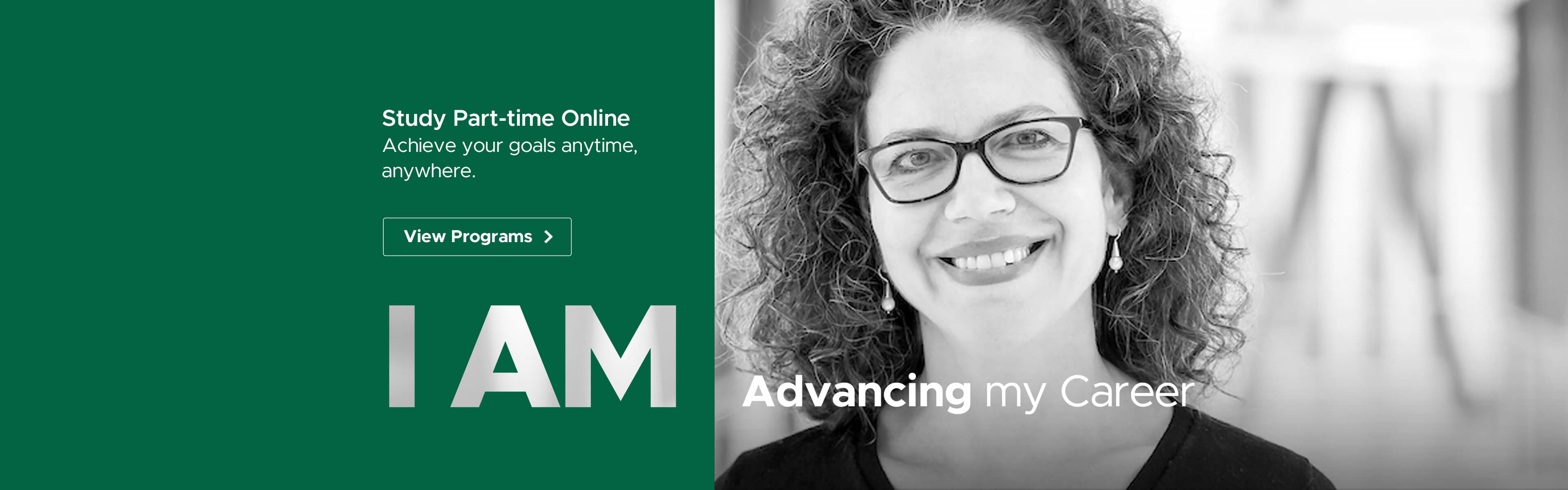 Banner with black and white photo of female AC online grad wearing glasses and smiling