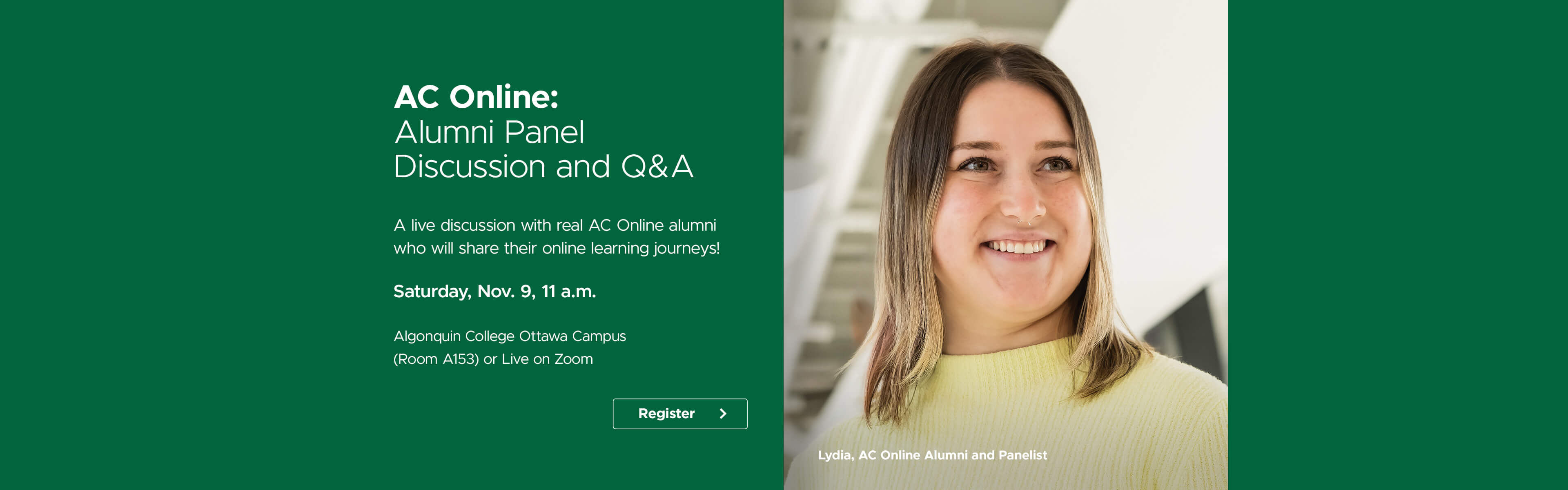An AC Online alumni wearing yellow looks into the distance. Banner promoting the AC Online Alumni Panel and Q&A at the 2024 Fall Open House