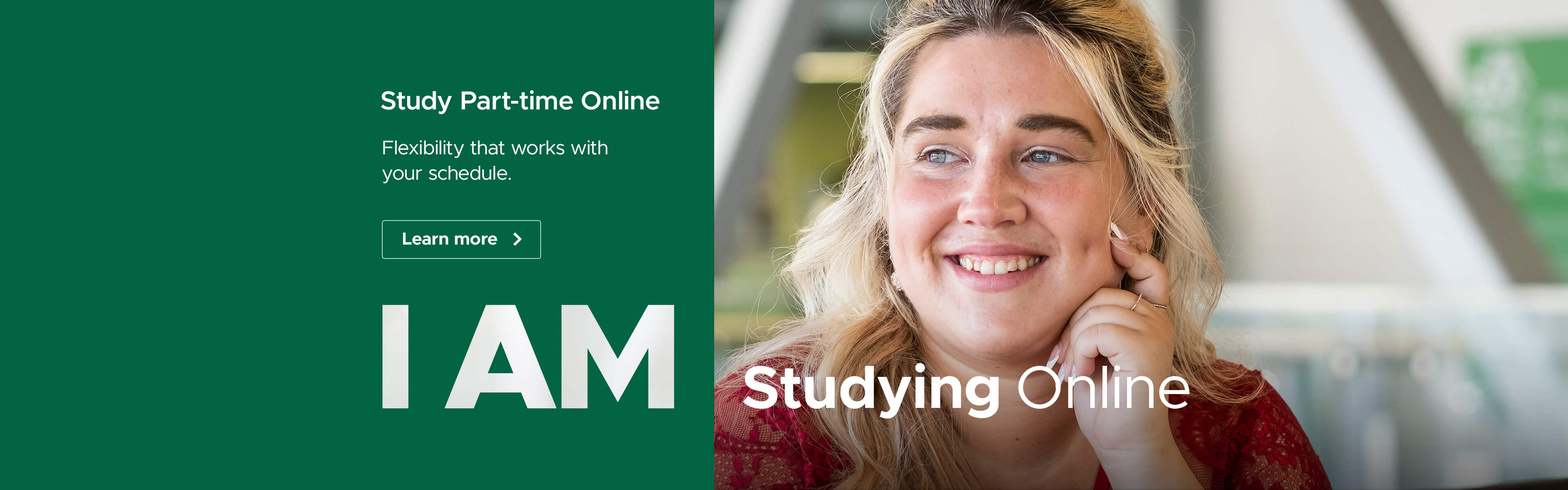 Part-time online learning banner with AC Online alumna Stephanie smiling and looking into the distance