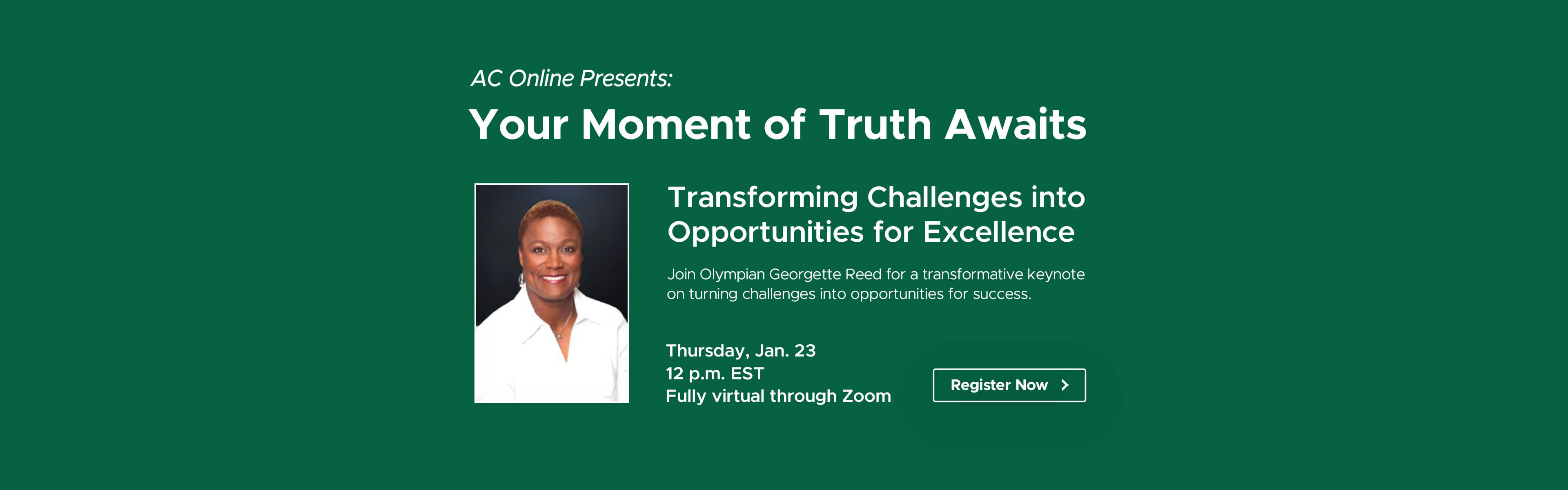 Text banner with headshot of Olympian Georgette Reed