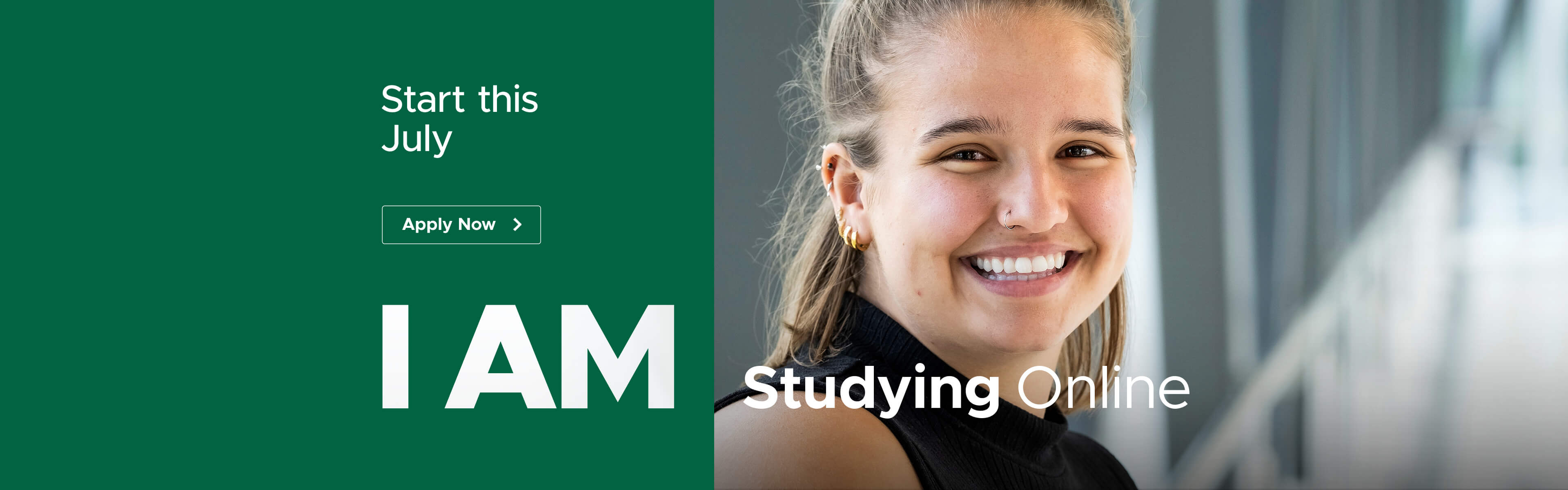 Promotional banner for online studying with the text "Start this July," "Apply Now," and "I AM Studying Online" next to a blurred image of a person.