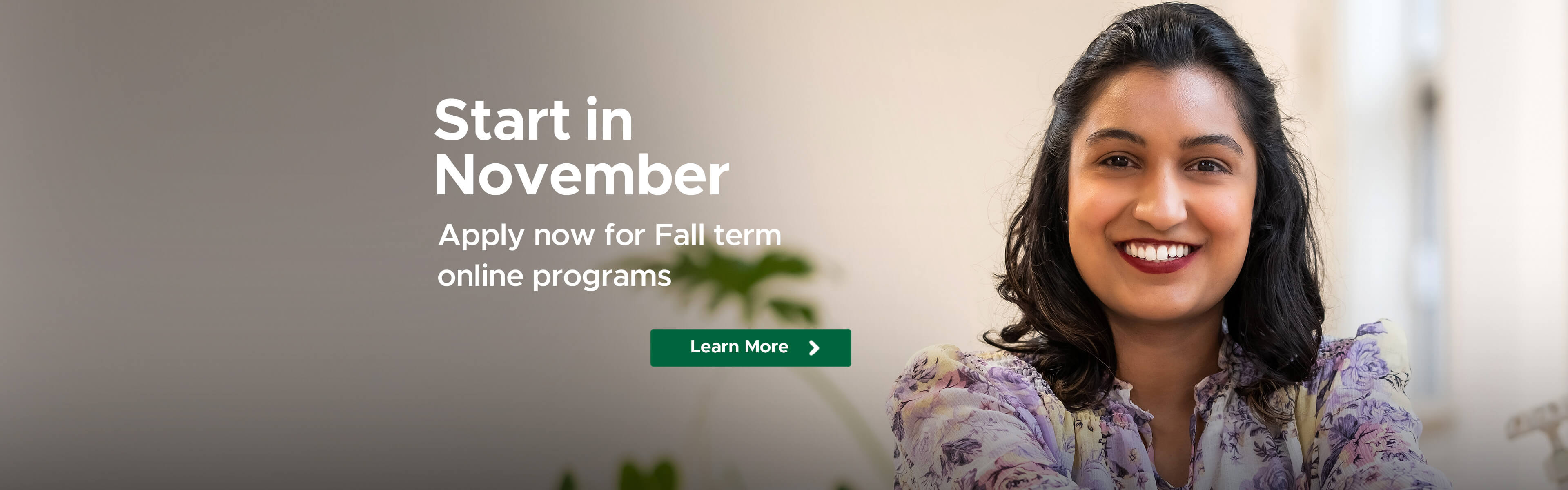 A picture of an AC Online student with the text inviting people to apply for programs with a November intake.